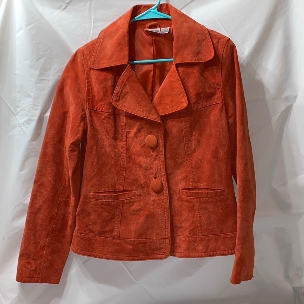 CHICO’S Orange Leather 2 Button 2 Pocket Jacket with Polyester Lining Size 0
